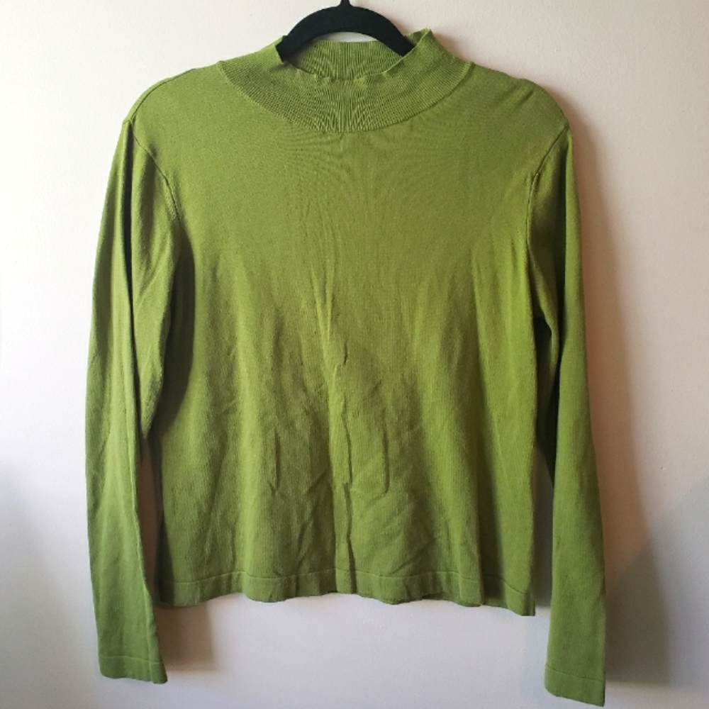 Talbots Petites Chartreuse Brat Green Mock Neck Cotton Modal Sweater
